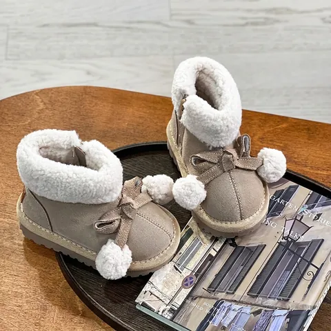 Kleinkind Baby Mädchen Winter Schneestiefel Warm Kunstpelz Gefüttert Wildleder Schleife Bommel Weiche Sohle Kids Schuhe