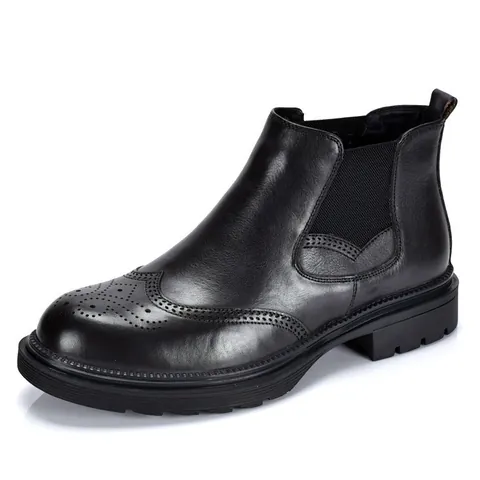 Men First Layer Cowhide Chelsea Boots Brogue Carving Martin Boots Warm Plush Lined Casual Business Non-slip Rubber Sole Ankle Boots
