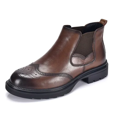 Men First Layer Cowhide Chelsea Boots Brogue Carving Martin Boots Warm Plush Lined Casual Business Non-slip Rubber Sole Ankle Boots