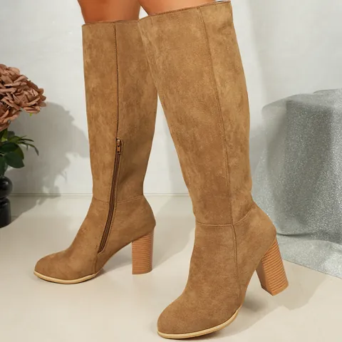 Women's Over-The-Knee Boots Fashion Chunky High Heel Suede Long Boots With Side Zipper For Autumn Winter