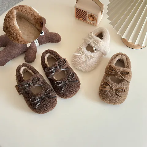 Sweet Children Faux Fur Flat Shoes For Girls Autumn Winter Round Toe Mary Jane Soft Warm Kids Bow Knot Princess Moccasins