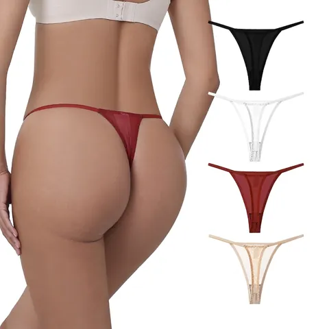 Women Sexy Mesh Transparent Thong Panties Low Waist Thin Strap See-Through G-String T-Back Underwear Solid Color Briefs