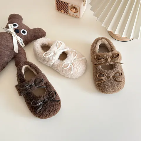 Sweet Children Faux Fur Flat Shoes For Girls Autumn Winter Round Toe Mary Jane Soft Warm Kids Bow Knot Princess Moccasins