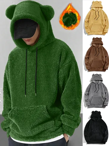 Men's Casual Fleece Hoodie With Animal Ears Loose Long Sleeve Sherpa Pullover Sweatshirt Thick Warm Winter Hooded Top