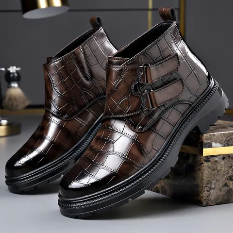 Herren Martin Boots Krokodil Prägung Chelsea Lederstiefel Doppel Schnalle Klettverschluss Rutschfest Warm Winter Kurzstiefel