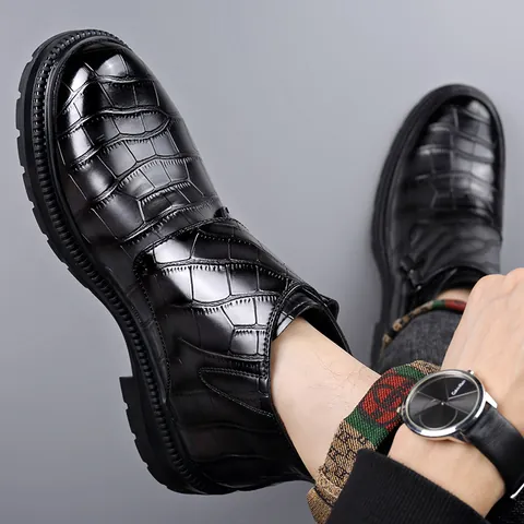 Herren Martin Boots Krokodil Prägung Chelsea Lederstiefel Doppel Schnalle Klettverschluss Rutschfest Warm Winter Kurzstiefel