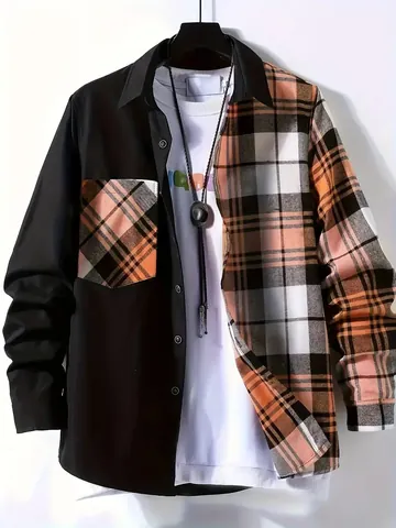 Men Casual Patchwork Plaid Long Sleeve Shirt Cotton Blend Turn-Down Collar Contrast Color Button Up Top Men Clothing