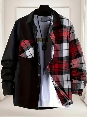 Men Casual Patchwork Plaid Long Sleeve Shirt Cotton Blend Turn-Down Collar Contrast Color Button Up Top Men Clothing
