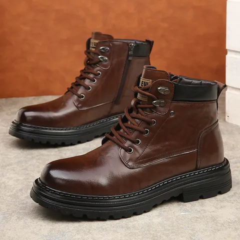 Bottines Martin en Cuir de Vachette Pleine Fleur pour Hommes Style Workwear Rétro à Lacets Avec Fermeture Éclair Latérale Semelle Épaisse Bottes d'Hiver Chaudes pour Hommes