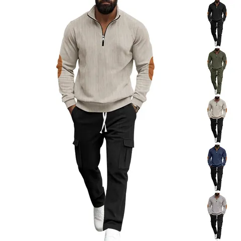 Men Corduroy Casual Suit Half Zipper Stand Collar Top And Cargo Pants Outfit Contrast Elbow Patches Vintage Streetwear