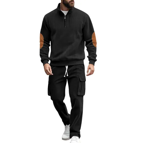 Men Corduroy Casual Suit Half Zipper Stand Collar Top And Cargo Pants Outfit Contrast Elbow Patches Vintage Streetwear