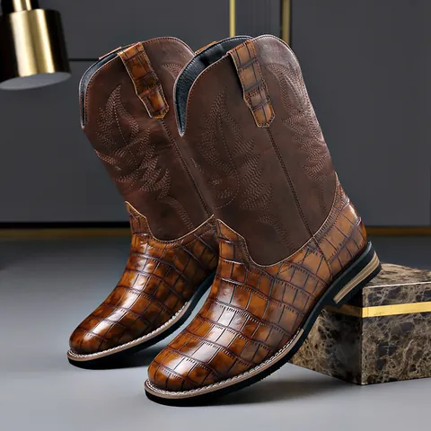 Stivali da Cowboy Western Retrò da Uomo Goffrati Coccodrillo Patchwork in Pelle Metà Polpaccio Con Ricamo Moda Cerniera Laterale Stivali da Moto Knight