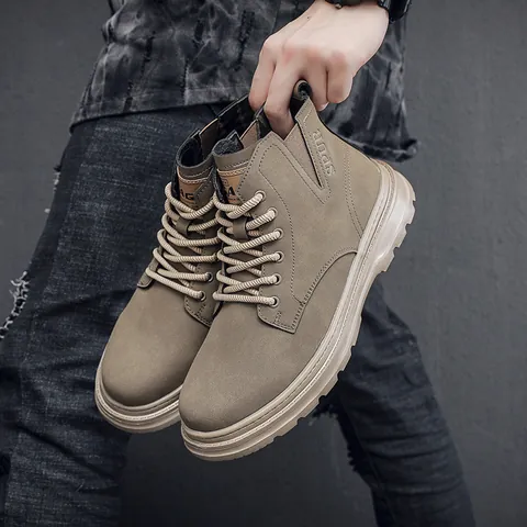 Men Retro High Top Boots Martin Work Style Outdoor Casual Non-Slip Thick Sole Lace Up Autumn Winter Fashion PU Leather Hiking Footwear