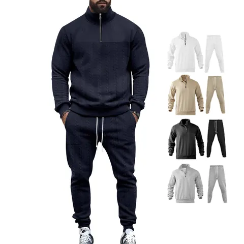 Conjunto De Camiseta Y Pantalón Jacquard Para Hombre Cuello Alto Media Cremallera Sudadera Y Pantalones Deportivos Streetwear Casual
