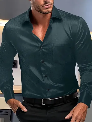Heren Smart Casual Overhemd Lange Mouw Gemerceriseerd Visgraatpatroon Revers Button-Up Top Met Borstzak Polyester
