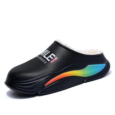 Unisex Winter Waterproof EVA Clogs With Faux Fur Lining Rainbow Gradient Strip Warm Non-Slip Thick Sole Slippers Indoor Outdoor Shoes