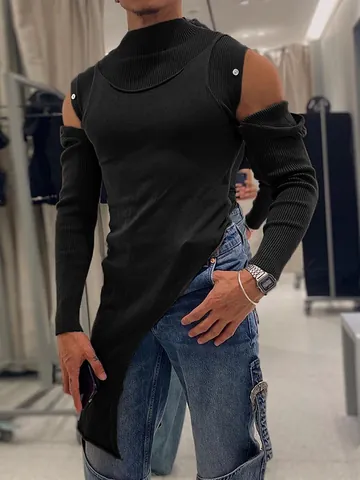 Maglietta Slim Fit Uomo a Collo Alto con Orlo Asimmetrico Bottone sulla Spalla Top a Maniche Lunghe in Maglia a Costine di Poliestere Design Gothic Punk