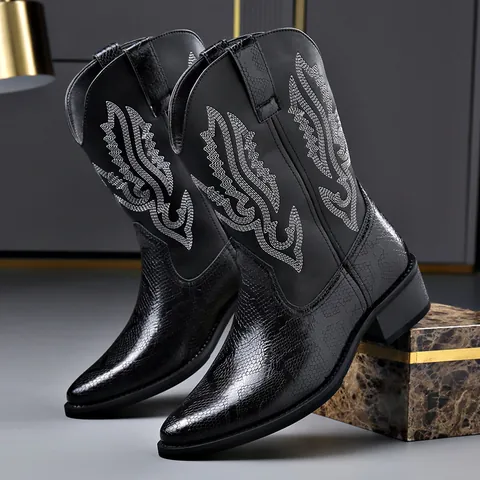 Herren Western Cowboy Stiefel Mikrofaserleder Bestickt Spitze Zehenpartie Retro Ritter Motorradstiefel Schlangentextur Wadenhoch Herbst Winter