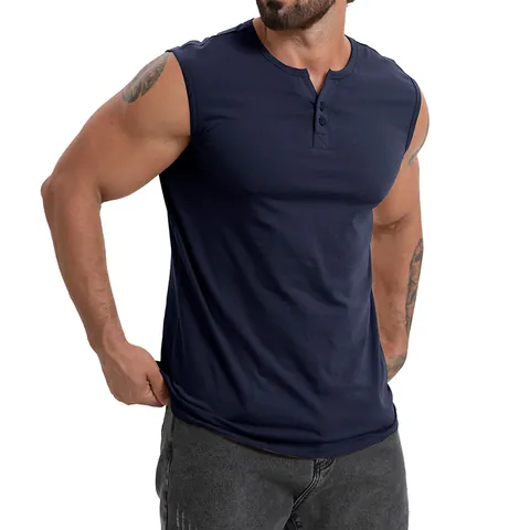 Men 100 Percent Cotton Henley Tank Top Sleeveless Muscle Workout Gym Shirt Casual Wide Shoulder Sporty Top
