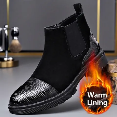 Botas Chelsea de Hombre Estilo Británico Gamuza de Vaca Patchwork Forro Cálido Botas Martin Con Cremallera Lateral Suela de Goma Antideslizante Invierno