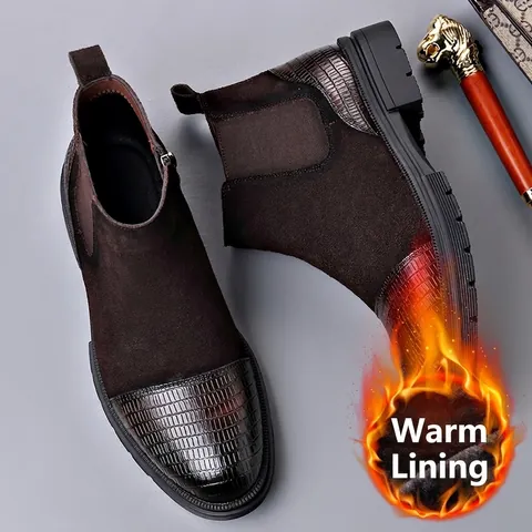 Botas Chelsea de Hombre Estilo Británico Gamuza de Vaca Patchwork Forro Cálido Botas Martin Con Cremallera Lateral Suela de Goma Antideslizante Invierno