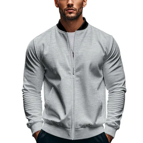 Men's Casual Sporty Stand Collar Jacket Solid Color Full Zip Polyester Windbreaker Outdoor Fashion Top Coat