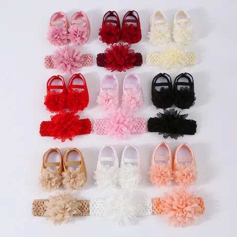 Newborn Baby Girls Princess Shoes And Flower Headband Soft Sole Infant First Walkers Breathable Non-Slip Baptism Wedding Party Footwear