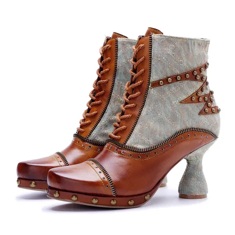 Bottines Patchwork en Peau de Mouton Style Western Femmes Rivet Moto Lacets Mode Cuir Frotté à la Main Bottes à Talons Hauts
