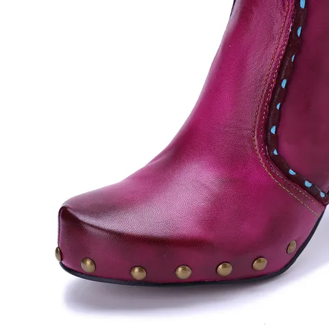 Dames Vintage Schapenvacht Enkellaarzen Handgewreven Magenta Modelaarzen Met Klinknagels Zijrits Wijnglas Hak Mode Schoeisel