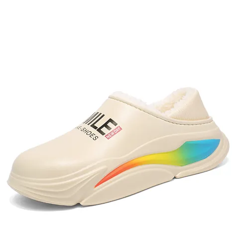 Winter Warm Plush Slippers Waterproof EVA Outdoor Leisure Shoes For Unisex Rainbow Stripe Detail Lightweight Cotton Shoes