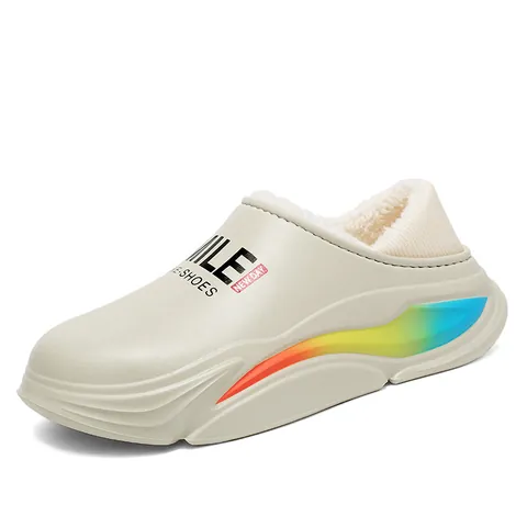 Winter Warm Plush Slippers Waterproof EVA Outdoor Leisure Shoes For Unisex Rainbow Stripe Detail Lightweight Cotton Shoes