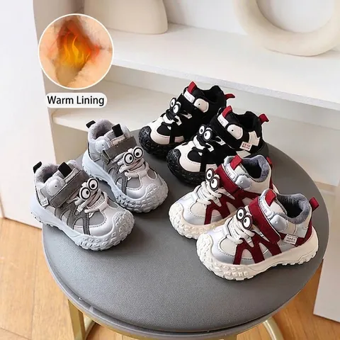 Kids Winter Fleece Lined Sport Shoes Cartoon Big Eyes Warm Anti Slip Dad Sneakers For Boys Girls Toddler Running Shoes