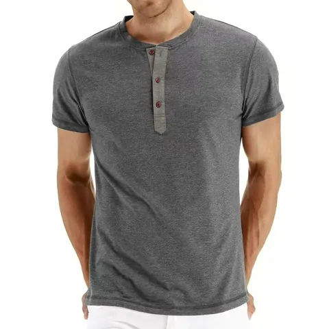 Camiseta Henley Retro para Hombre Mezcla de Algodón Manga Corta Corte Ajustado Clásica Cuello Redondo Casual Transpirable