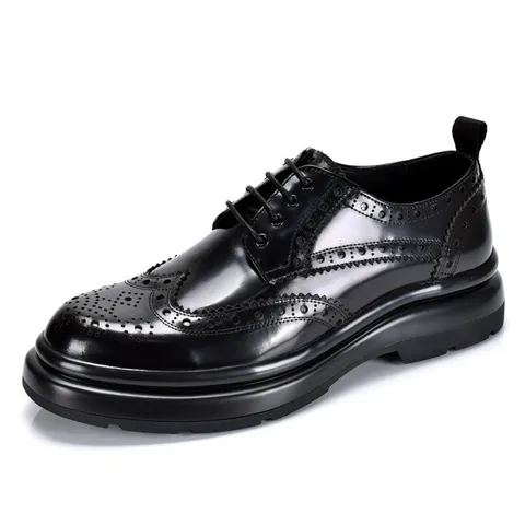Men British Style Brogue Carving Cowhide Leather Shoes Chunky Sole Lace Up Business Casual Dress Shoes Formal Oxford Shoes For Men