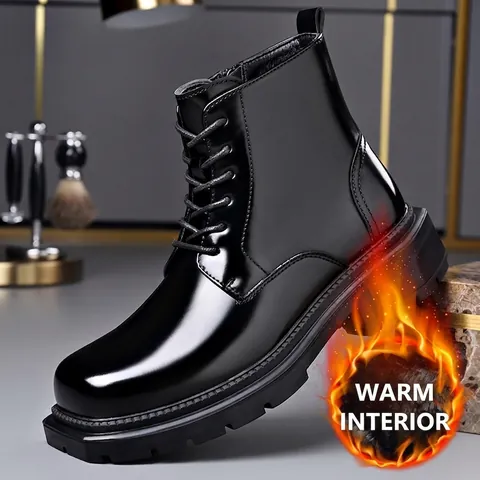 Botas Martin de Estilo Británico para Hombre Invierno Cálido Forro de Felpa Botines Chelsea Suela Gruesa Botas Cortas de Cuero PU