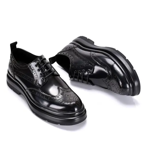 Men British Style Brogue Carving Cowhide Leather Shoes Chunky Sole Lace Up Business Casual Dress Shoes Formal Oxford Shoes For Men