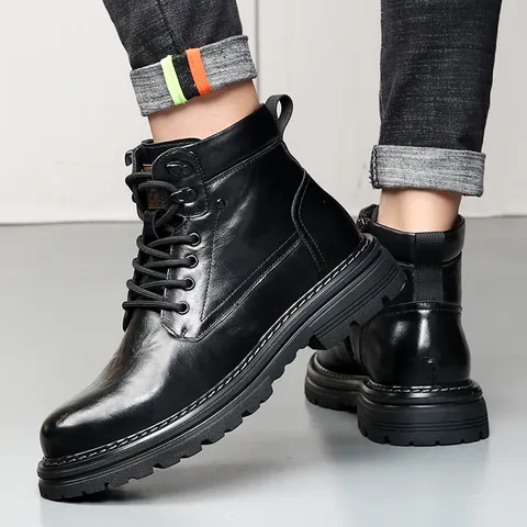 Bottes Martin en Cuir de Vachette de Première Couche pour Hommes Style de Travail Vintage Cuir Véritable Chaudes Bottes d'Hiver