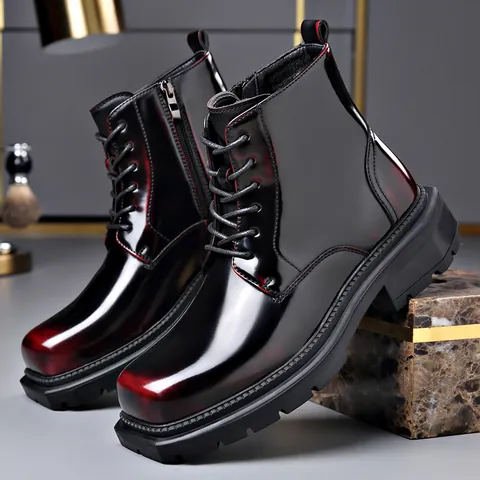 Herren Echtleder Martin Boots Mode Farbverlauf Schnürstiefel Winter Warm Wolle Futter Seitenreißverschluss Plateau Stiefeletten Rutschfeste Dicke Sohle Lässige Outdoorschuhe