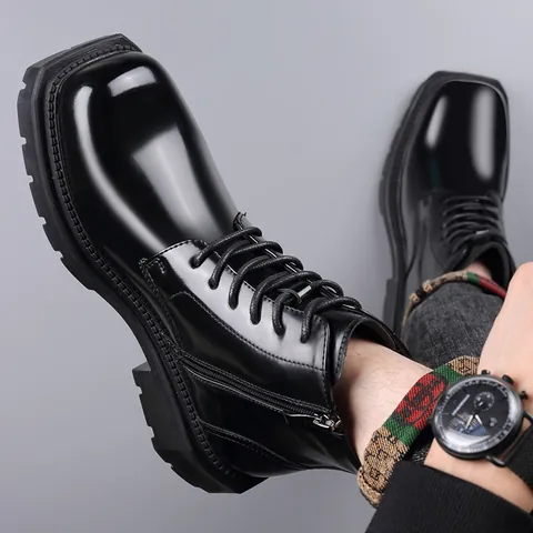 Herren Echtleder Martin Boots Mode Farbverlauf Schnürstiefel Winter Warm Wolle Futter Seitenreißverschluss Plateau Stiefeletten Rutschfeste Dicke Sohle Lässige Outdoorschuhe