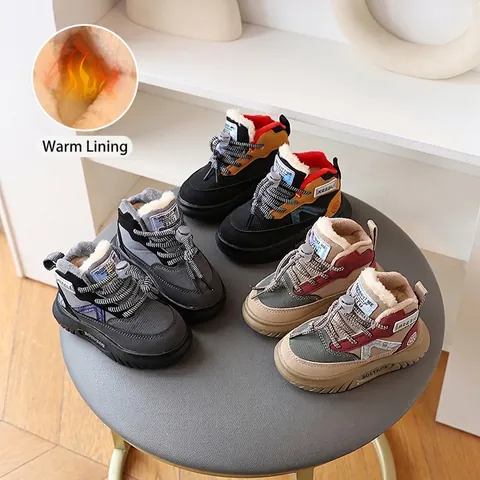 Kinder Winter High-Top Sneaker Warm Plüschgefüttert PU Leder Freizeitschuhe Jungen Mädchen Rutschfest Outdoor Winterstiefel