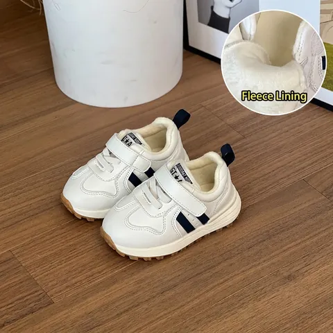 Children's Winter White Board Shoes Fleece Lined Toddler Sneakers For Boys Girls Soft Sole Hook and Loop Warm Anti-Slip Kids Shoes