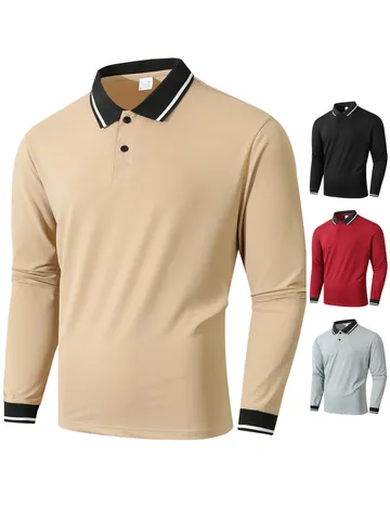 Men Long Sleeve Polo Shirt Jacquard Breathable Lapel Top Urban Sporty Casual Contrast Stripe Knitted Autumn Outdoor Fashion Top