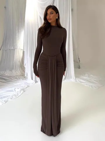 Women Slim Fit Polyester Spandex High Neck Long Sleeve Bodysuit and Ruched Split Midi Skirt Top And Bottom Set