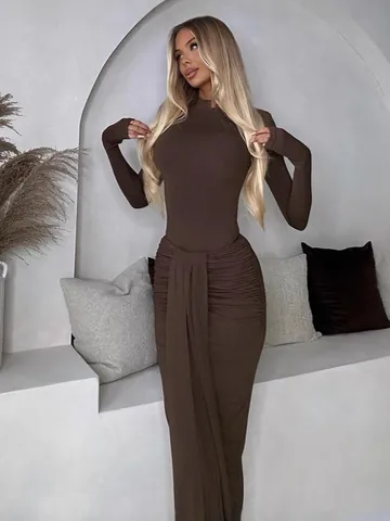 Women Slim Fit Polyester Spandex High Neck Long Sleeve Bodysuit and Ruched Split Midi Skirt Top And Bottom Set