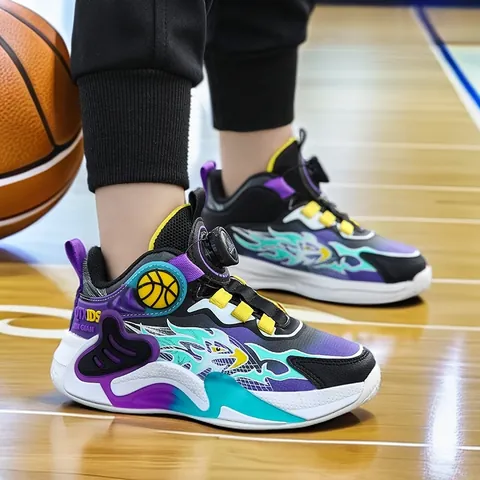 Boys Basketball Shoes High Top Kids Sports Sneakers With Rotary Buckle Breathable Shock Absorption Heightening Sneakers