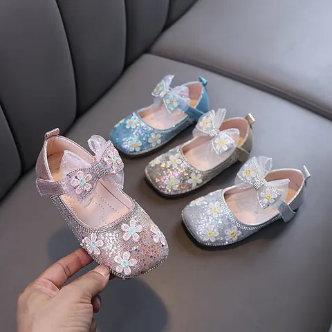 Chaussures Mary Jane Princesse pour Filles Paillettes Strass Nœud Floral Chaussures Plates pour Danse Fête Mariage Enfants