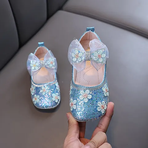 Chaussures Mary Jane Princesse pour Filles Paillettes Strass Nœud Floral Chaussures Plates pour Danse Fête Mariage Enfants