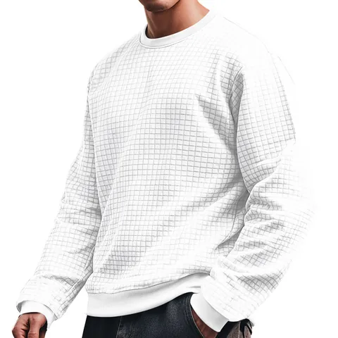 Men's Waffle Knit Long Sleeve T-Shirt Slim Fit Round Neck Grid Pattern Casual Thermal Pullover Top For Autumn Winter Men