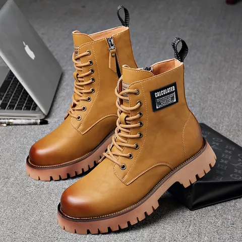Stivali da Lavoro Invernali da Uomo in Crosta di Cuoio Martin Boots con Cerniera Laterale Suola Spessa Antiscivolo Giallo Grigio