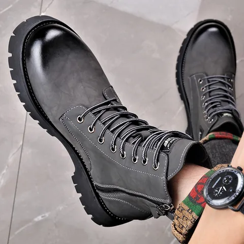 Stivali da Lavoro Invernali da Uomo in Crosta di Cuoio Martin Boots con Cerniera Laterale Suola Spessa Antiscivolo Giallo Grigio